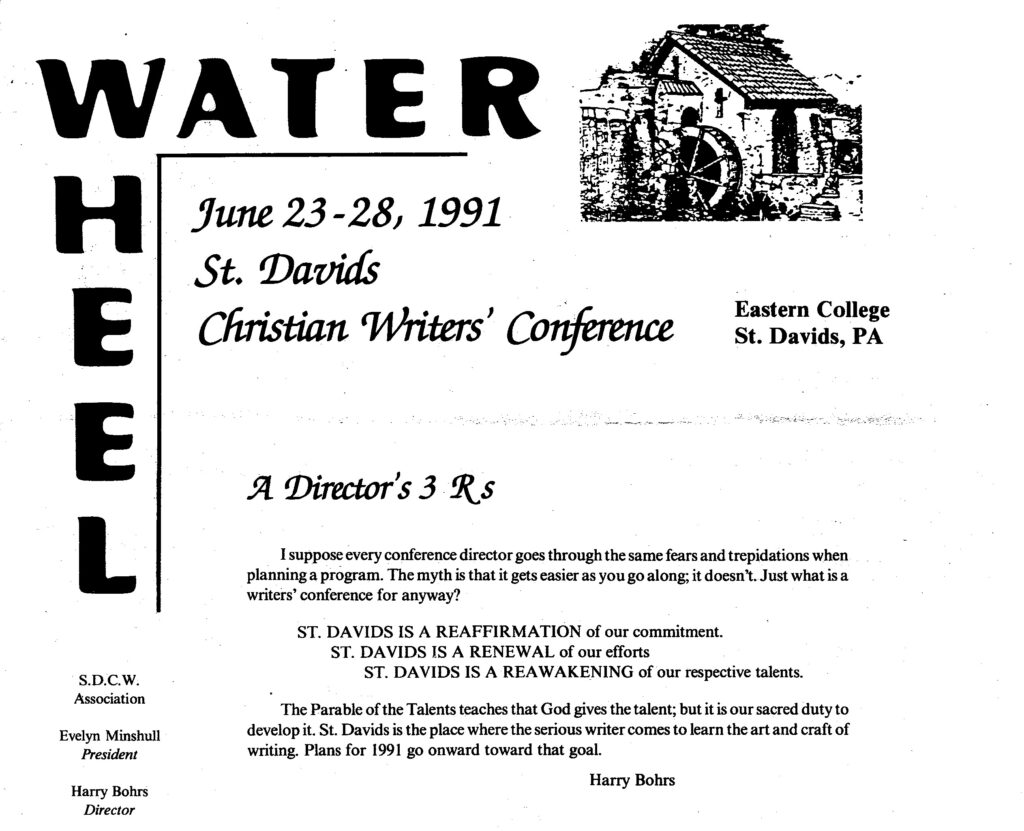 History of St. Davids Christian Writers' Conference- the masthead of the conference newsletter from 1991 - Waterwheel